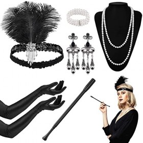 HEAWAA Année 20 Accessories, 6Pcs 1920s Accessoires de Déguisement avec Bandeau Flapper Bracelet Collier de Perles Gants Bouc