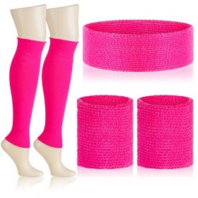 BBTO Set dAccessoires de Costumes des Années 80 Jambières Roses en Tricot Bande Éponge de Poignet et Bandeau Anti-Transpirat