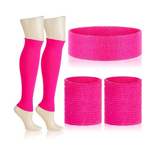 BBTO Set dAccessoires de Costumes des Années 80 Jambières Roses en Tricot Bande Éponge de Poignet et Bandeau Anti-Transpirat