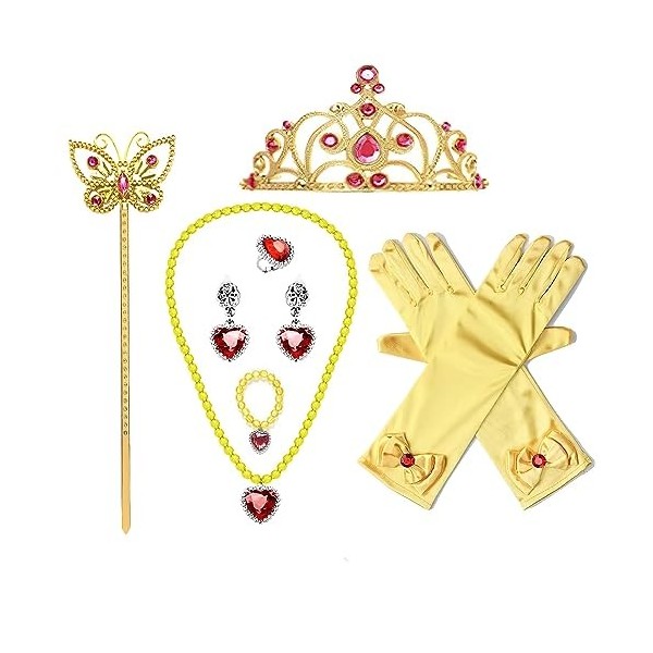 HIFOT Princesse Deguisement Accessoires Filles, Belle Gants Couronne Baguette Magique Collier Dress Up Bijoux Set pour Cospla