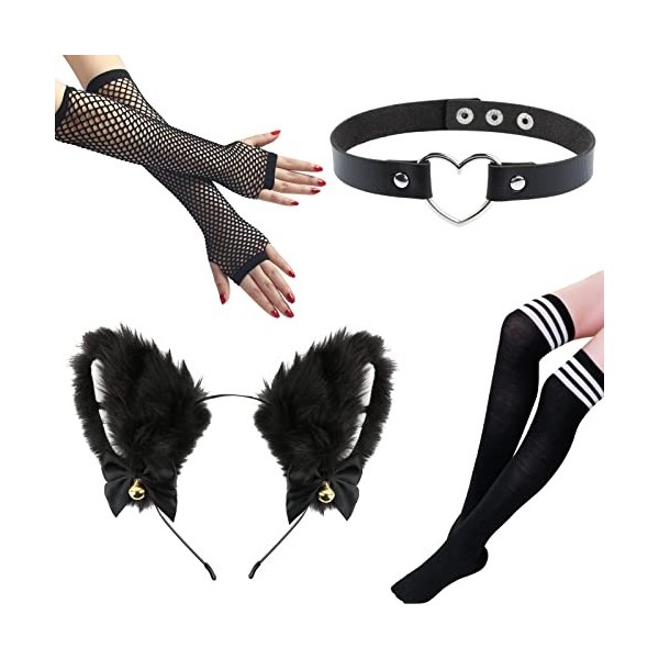 UFLF Kit de Déguisement dOreilles de Chat Cosplay Bandeau de Chat en Peluche Collier Ras du Coup Gants Chaussettes Longues p