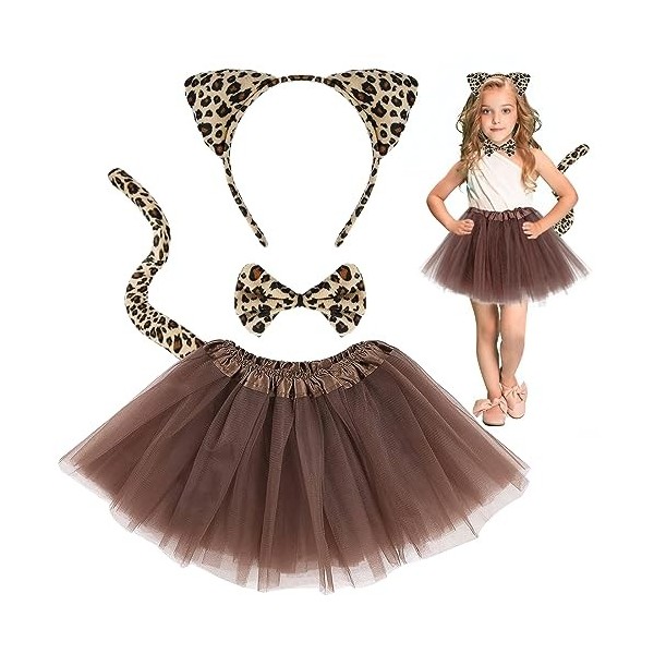 Déguisement Animaux Enfant,Costume de Léopard Fille,Costume Animal Tutu Jupe avec Serre Tête Oreille+ Noeud Papillon+Queue Ac