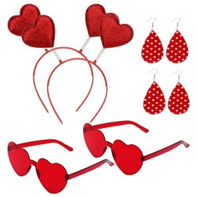 MWOOT 2 Séries Lunette Coeur Rouge, Bandeau de Coeur, Boucles doreilles Coeur en Cuir, Accessoires de Déguisement Coeur Roug