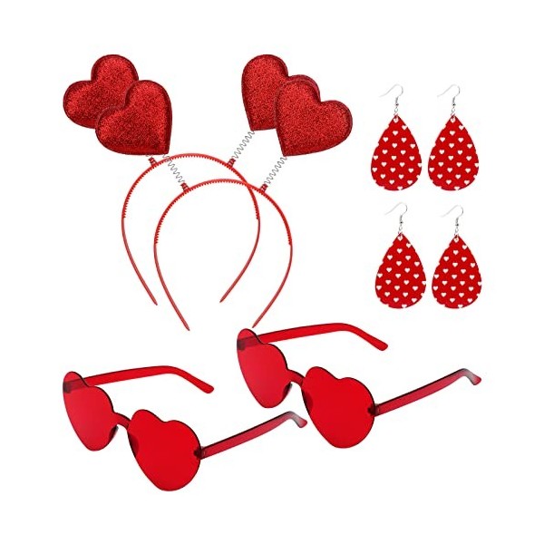 MWOOT 2 Séries Lunette Coeur Rouge, Bandeau de Coeur, Boucles doreilles Coeur en Cuir, Accessoires de Déguisement Coeur Roug