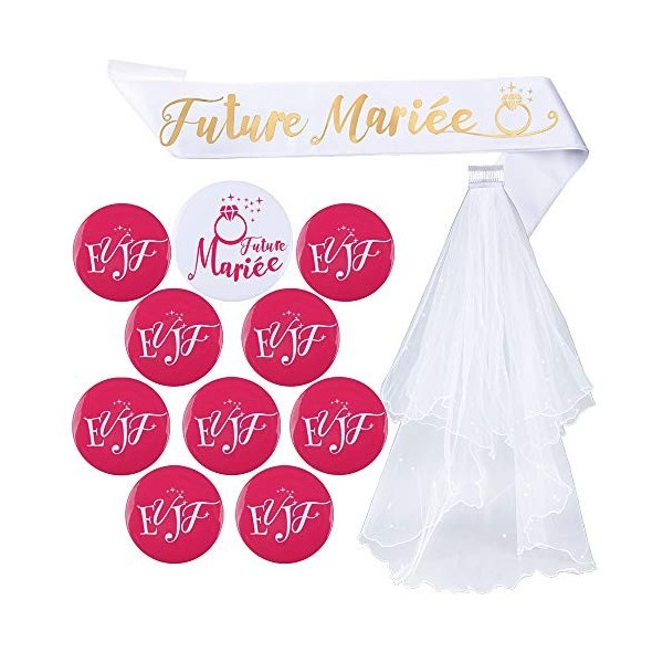 Kit de Accessoire Enterrement de Vie de Jeune Fille 1pcs Voile de Mariage Blanc avec Peigne + 1pcs Écharpe + 1pcs Badge “Futu