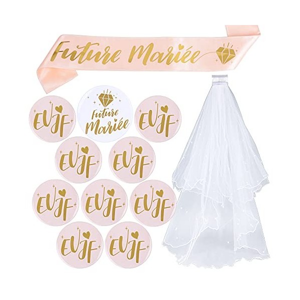 Kit de Accessoire Enterrement de Vie de Jeune Fille 1pcs Voile de Mariage Blanc avec Peigne + 1pcs Écharpe + 1pcs Badge “Futu