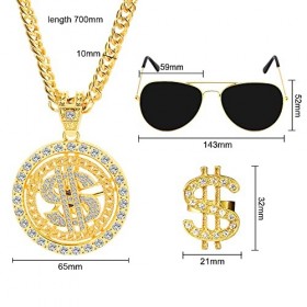 GIGIIS Colliers Bagues Hip Hop pour Homme 80s 90s Déguisement Hip Hop Accessoires Lunettes de Soleil Rappeur Dollar Boss Si