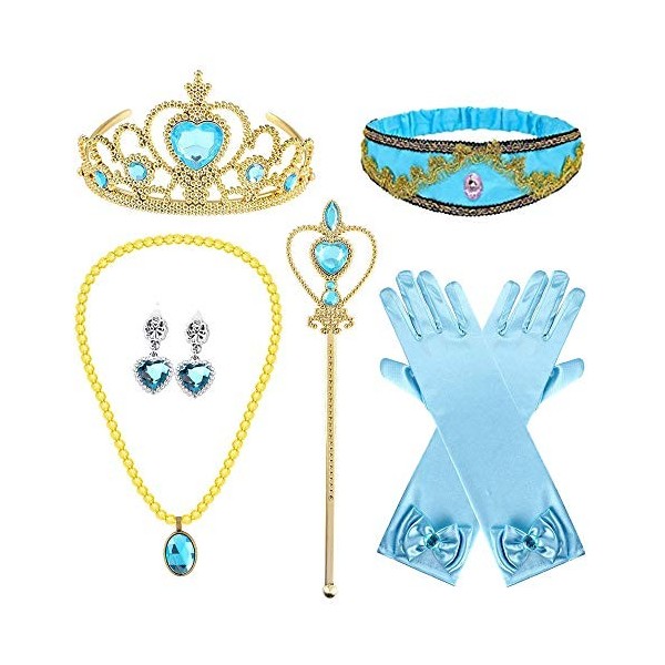 Monissy Enfant Accessoires Déguisement Aladdin Princesse Jasmine Serre-tête Couronne Boucles doreilles Collier Gants Noeuds 