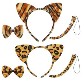 Ensemble de 6 Pcs de Bandeau dOreilles de Chat Queue Nœud Papillon Imprimé Léopard Tigre Noir Accessoire de Costume dAnimau