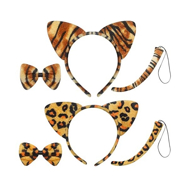 Ensemble de 6 Pcs de Bandeau dOreilles de Chat Queue Nœud Papillon Imprimé Léopard Tigre Noir Accessoire de Costume dAnimau