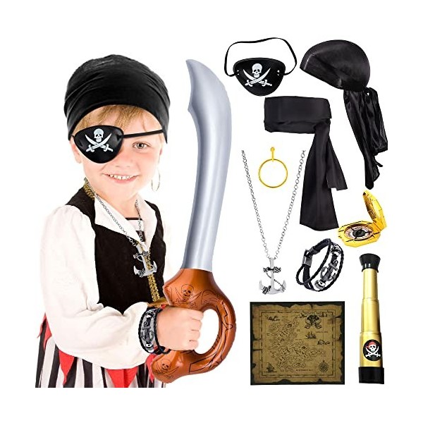JeVenis Costume de garçon pirate Accessoires pirates pour enfants Costume du capitaine pirate Chapeau pirate Eye Cover Pirate