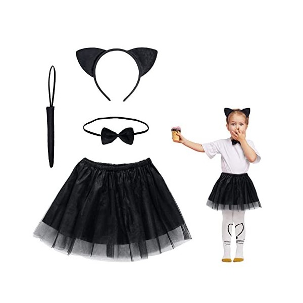 Fennoral 4 pièces Oreilles de chat Serre-tête nœud papillon queue de chat avec tulle noir Adorable chat enfant costume animal