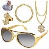 Lot de 4 chaînes en forme de dollar - Collier avec anneaux de lunettes de soleil - Chaîne dorée - Costume hip hop - Accessoir