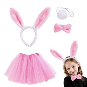 VIKSAUN 4Pcs Costume Lapin, Ensembles Lapin Déguisement Serre-Tête Bandeau Oreilles de Lapin,Cravate,Queue en Peluche Set Cos