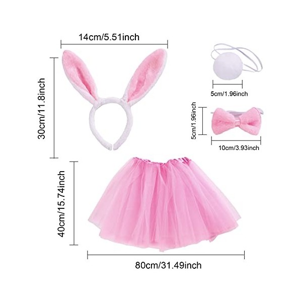 VIKSAUN 4Pcs Costume Lapin, Ensembles Lapin Déguisement Serre-Tête Bandeau Oreilles de Lapin,Cravate,Queue en Peluche Set Cos