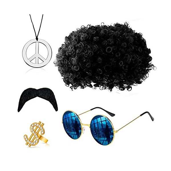 Deguisement Hippie Femme Ensemble de Costume Hippie Tenue Disco Homme Hippie Accessoires Perruque Afro Funky Lunette Hippie C