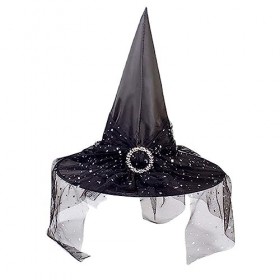Teogneot Chapeau de sorcière pour Halloween, Chapeau de sorcière avec Voile, Accessoires de sorcière, Chapeaux magiciens, Noi