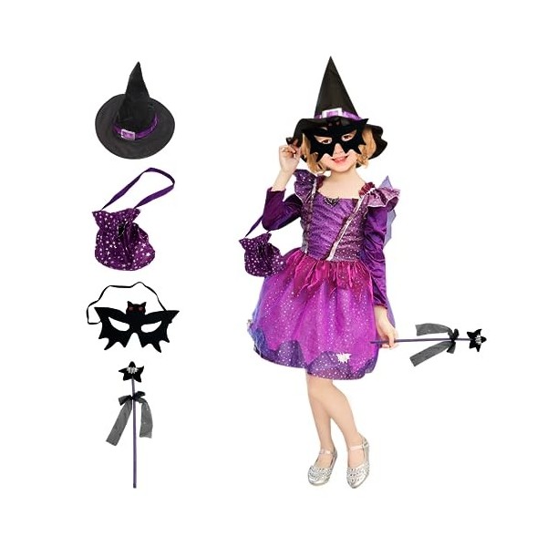 YAWMLYE Costume de sorcière pour fille Déguisement Halloween: Robe chapeau baguette et sac à bonbons inclus 140cm 