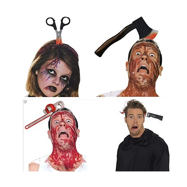 Lot De 4 Bandeaux Darmes Effrayantes Pour Costume Dhalloween, Couperet En Caoutchouc Et Plastique, Couperet Et Ciseaux À Tr