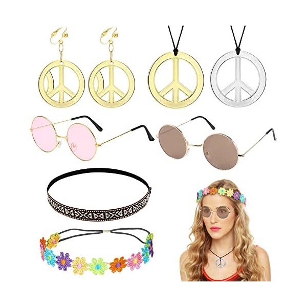 ZOCONE Lot de 7 accessoires Hippie, 2 lunettes de soleil vintage, 2 paires collier et boucles doreilles, serre-tête margueri