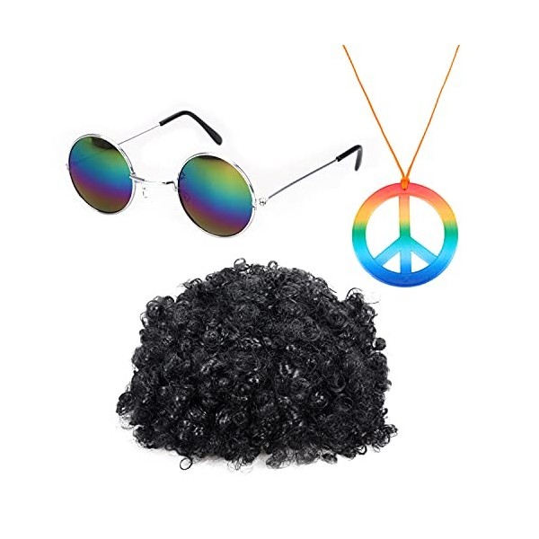 Matory Ensemble de 3 accessoires de costume hippie afro rétro hippie années 60 avec lunettes et collier pour déguisement rétr