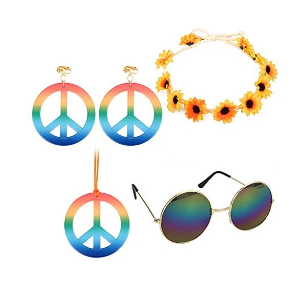 Euvoym Ensemble de 4 accessoires de déguisement hippie avec lunettes, collier et boucles doreilles, bandeau hippie années 60