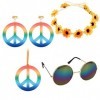 Euvoym Ensemble de 4 accessoires de déguisement hippie avec lunettes, collier et boucles doreilles, bandeau hippie années 60