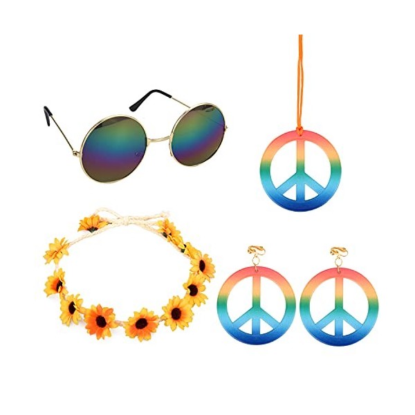 Euvoym Ensemble de 4 accessoires de déguisement hippie avec lunettes, collier et boucles doreilles, bandeau hippie années 60