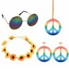 Euvoym Ensemble de 4 accessoires de déguisement hippie avec lunettes, collier et boucles doreilles, bandeau hippie années 60