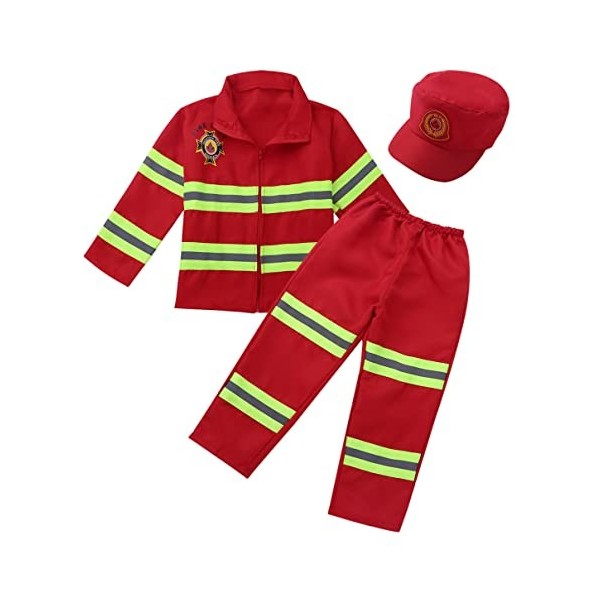 dPois Costume Pompier Garçon Fille Uniforme de Pompier Chef Veste Manches Longues Pantalon avec Chapeau Casque Déguisement Co