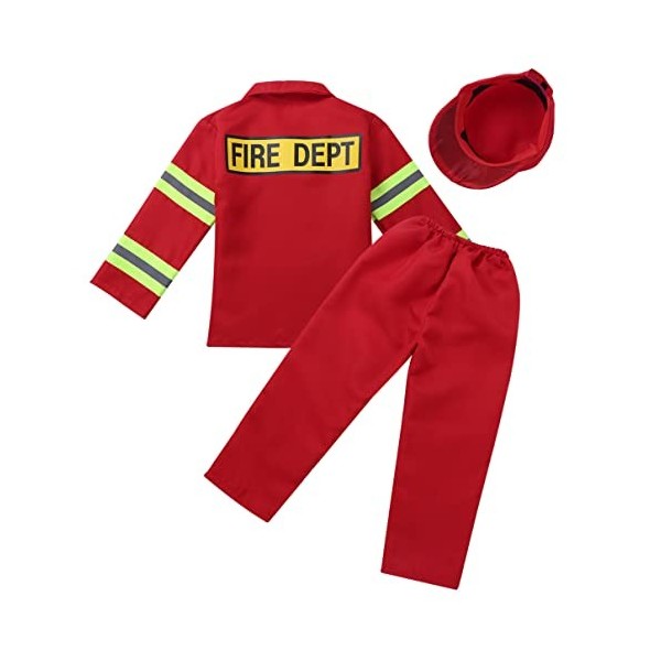 dPois Costume Pompier Garçon Fille Uniforme de Pompier Chef Veste Manches Longues Pantalon avec Chapeau Casque Déguisement Co