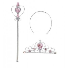 KIRALOVE - Rose Ensemble Couronne et Baguette pour Filles Princesse Reine avec Pierres colorées - Accessoires de déguisement 