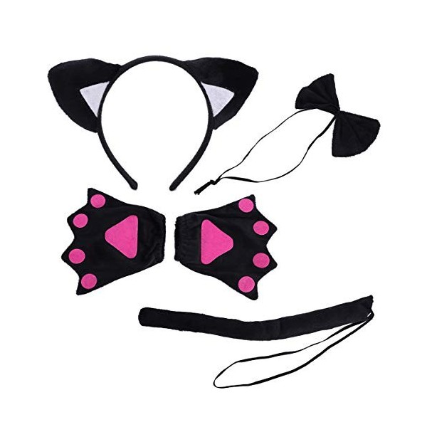 IBLUELOVER 5 Pièces Bandeau Chat Enfant Halloween Serre-Tête Oreilles de Chat avec Bowtie Gants Queue Ensemble Costume de Scè