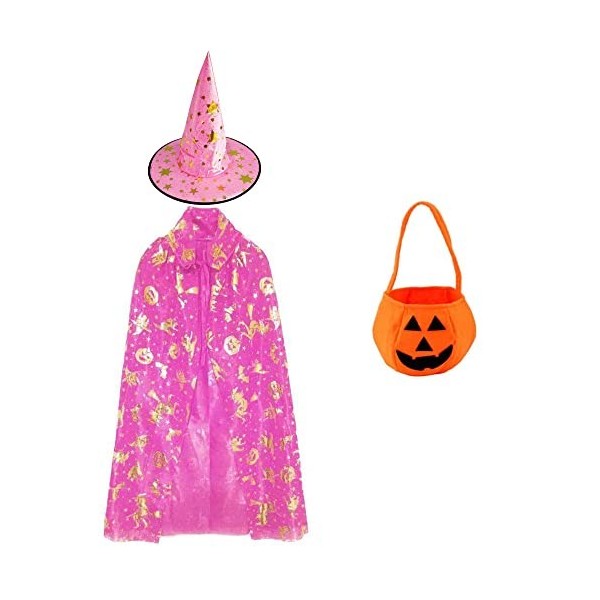 ENYACOS Zélaite Costume dHalloween pour enfant avec chapeau, manteau de sorcier, sac à bonbons citrouille, déguisement, carn
