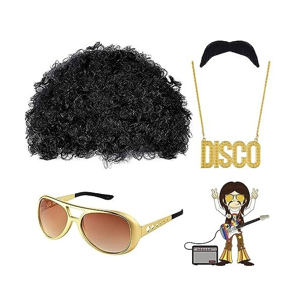 KANOSON Deguisement Disco Homme, 4 pièces Perruque Afro Moustache Collier Disco Lunette Hippie, Accessoires Hippie Deguisemen