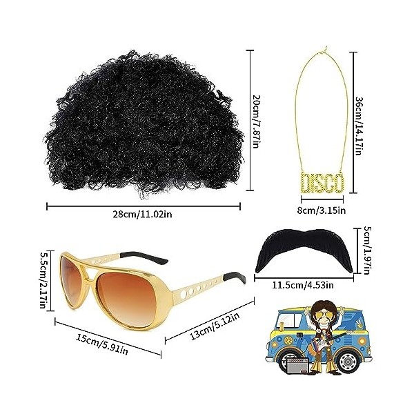 KANOSON Deguisement Disco Homme, 4 pièces Perruque Afro Moustache Collier Disco Lunette Hippie, Accessoires Hippie Deguisemen