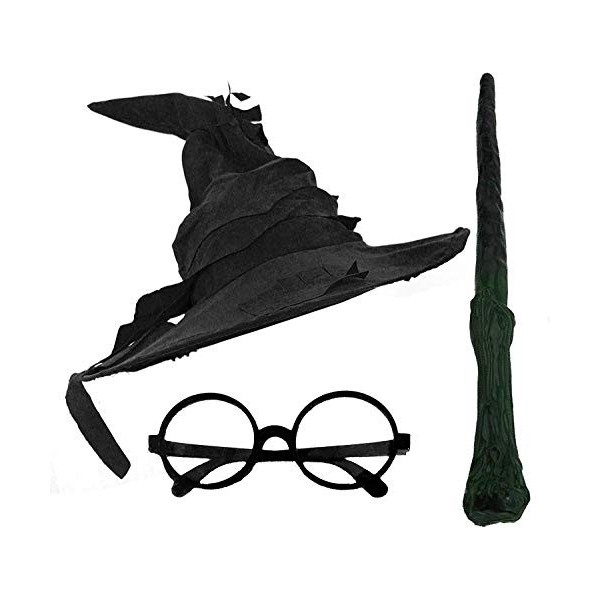 ENSEMBLE DACCESSOIRES DE DÉGUISEMENT DE SORCIER POUR ADULTES - CHAPEAU DE SORCIER + LUNETTES NOIRS RONDS + BAGUETTE DE SORCI