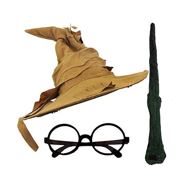 ENSEMBLE DACCESSOIRES DE DÉGUISEMENT DE SORCIER POUR ADULTES - CHAPEAU DE SORCIER + LUNETTES NOIRS RONDS + BAGUETTE DE SORCI