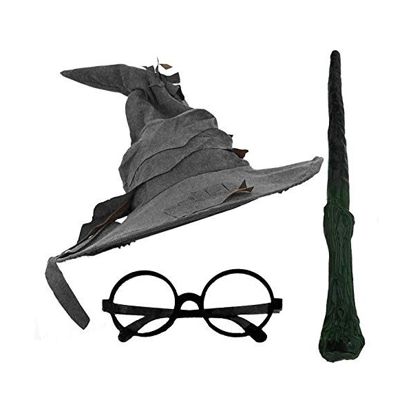 ENSEMBLE DACCESSOIRES DE DÉGUISEMENT DE SORCIER POUR ADULTES - CHAPEAU DE SORCIER + LUNETTES NOIRS RONDS + BAGUETTE DE SORCI