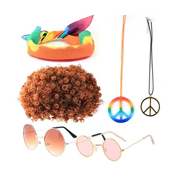 jsysj 6 Pièces Ensemble de Costume Hippie, Années 60, 70 Hippie Déguisement Accessoires Kit pour Fête ou Musique Festival - 2