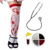 Costume dinfirmière dHalloween pour femme – Bas dinfirmière tachés de sang, stéthoscope, maquillage du visage et faux sang