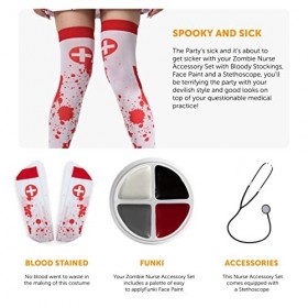 Costume dinfirmière dHalloween pour femme – Bas dinfirmière tachés de sang, stéthoscope, maquillage du visage et faux sang
