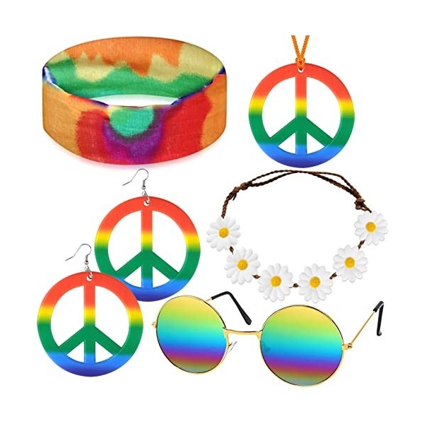 Shinybox Hippie Costume Set, 6 Stück Hippie Kostüm Set, Retro Verkleiden Sich für Damen und Herren, Accessoire de Déguisement