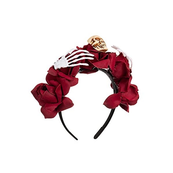 Uposao Halloween Bandeau Couronne De Fleurs Rose Serre-tête Crâne Gothique Accessoire Cheveux Costume Déguisement pour Fête D