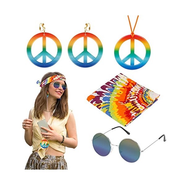 LAMEK 5pcs Ensemble de Costume Hippie Bandeau Lunettes de Soleil Collier de Signe de Paix Boucles dOreilles Accessoires Hipp