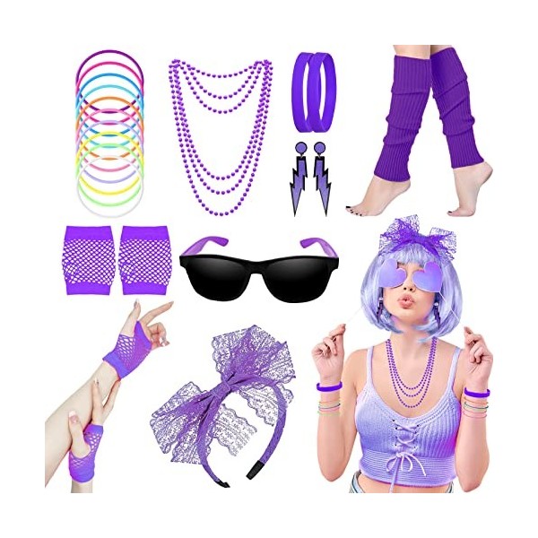 Accessoires de Mode des Années 80, Néon Costumes de Fête pour Enfants Femme, Lunettes de Soleil, Bracelet, Gants en Dentelle,