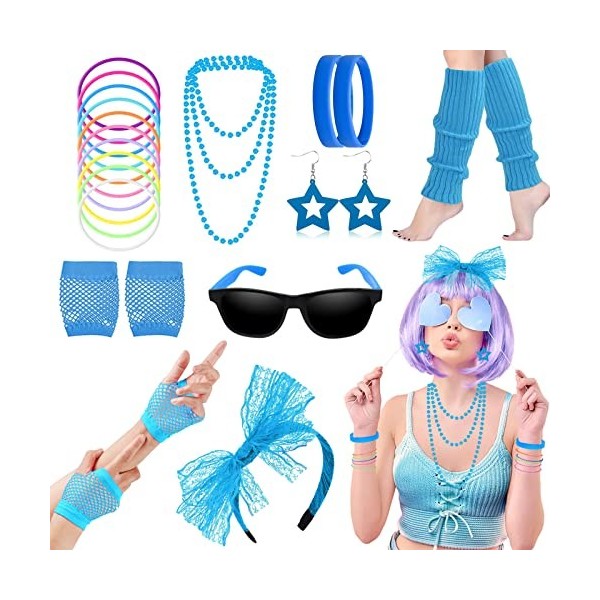 Accessoires de Mode des Années 80, Néon Costumes de Fête pour Enfants Femme, Lunettes de Soleil, Bracelet, Gants en Dentelle,