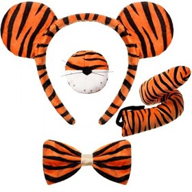 4 Pcs Kits Costume de Tigre pour Enfants, Bandeau d’Oreille de Tigre Nez Queue et Noeud Papillon de Tigre, Accessoires de Dég