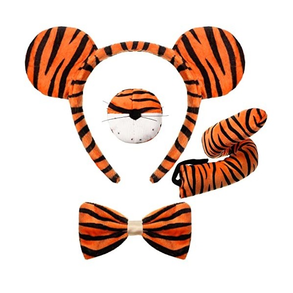 4 Pcs Kits Costume de Tigre pour Enfants, Bandeau d’Oreille de Tigre Nez Queue et Noeud Papillon de Tigre, Accessoires de Dég