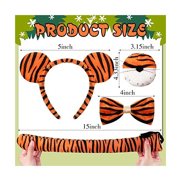 4 Pcs Kits Costume de Tigre pour Enfants, Bandeau d’Oreille de Tigre Nez Queue et Noeud Papillon de Tigre, Accessoires de Dég